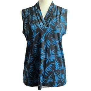 Anne Klein Sleeveless Blouse Black Blue Leaf Print  V-Neck Top | Size Medium